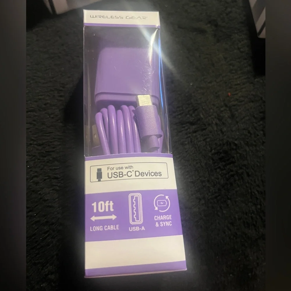 Wireless Gear Micro USB-C Devices 10’ Cable and Wall Charger) purp.New